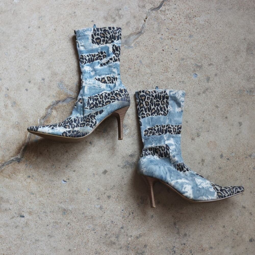 Y2K Denim & Leopard Print Ankle Heeled Boots 7.5 Rouge Helium
